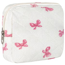 ZLFSRQ Small Quilted Makeup Bag for Purse Mini Bow Quilted Pouch Cute Cotton Makeup Bag with Compartments Aesthetic Cosmetic Bags for Women Coquette Zipper Lipstick Pouch Travel Essentials Pink