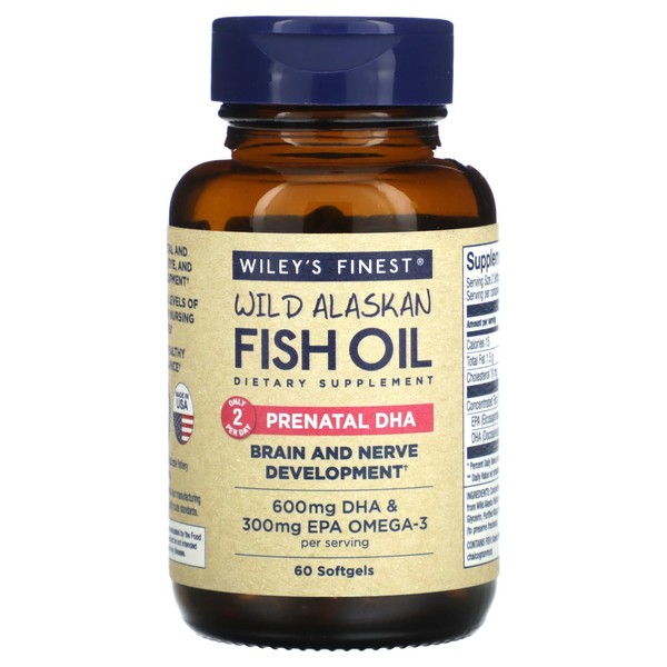 Wiley's Finest Wild Alaskan Fish Oil Prenatal DHA - 720mg EPA and DHA Omega-3s for Pregnant Women and Nursing Mothers - 60 Softgels (30 Prenatal Vitamin Servings)