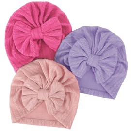 DRESHOW Newborn Baby Hat Soft Stretchy Baby Turban Hat with Bow Infant Girls Boys Hat Nursery Hospital Hat Beanie for Newborn Baby Toddlers Pack of 3, 3 pack bow set-a03uk / 3-12 months