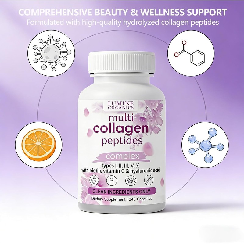 ETUIH Lumine Organics Collagen, Hydrolyzed Collagen Peptides Capsules,Type I,II,III,V,X with