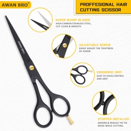 Professional 6.5” Hair Cutting Scissors, Stainless Steel Hair Shears with Gold Screw, Hair Scissors Come with Comb & Carrying Pouch, Precision Hair cutting Kit for Home & Salon Use.