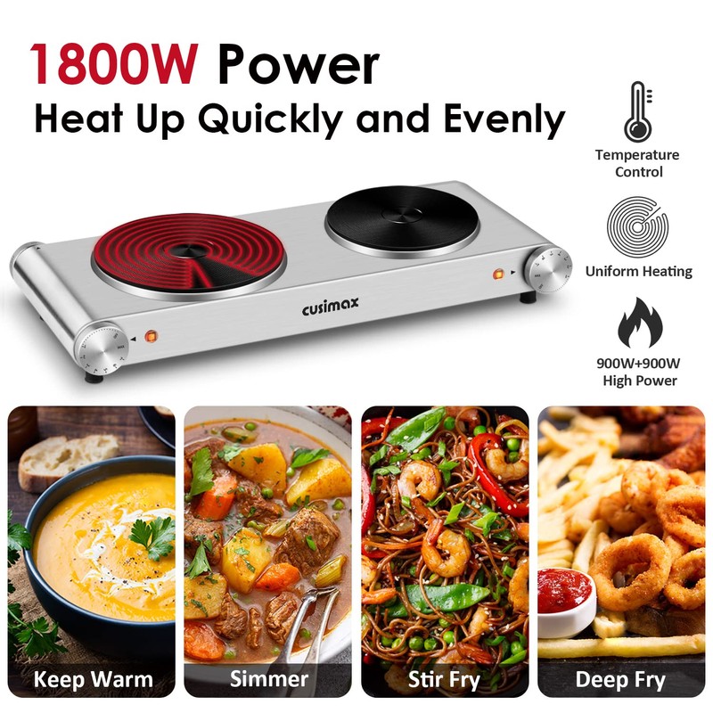 CUSIMAX Hot Plate, Electric Double Burner, 1800W Cast Iron Countertop