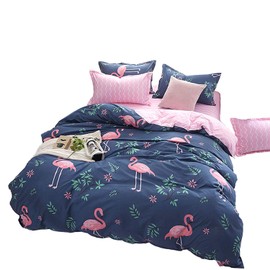 Loussiesd Children's Bed Set Pink Flamingo Bed Linen Set Soft Microfibre Reversible Blue and Pink Flowers Flamingo Duvet Cover with 1 Pillowcase 2-Piece 135 x 200 cm + 80 x 80 cm Boys Girls