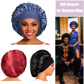 Mipoclea Pack of 3 Silk Bonnet Satin Bonnet, Hair Cap for Curly Hair, Sleep Cap for Women and Girls with Curly Hair for Sleeping, Night Sleep Cap with Elastic Soft Band, Large Cap