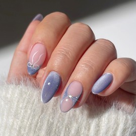 French Tip Press on Nails Medium Almond Fake Nails with Designs Rhinestone Glue on Fingernails Bow Artificial nails Glitter Full Cover Stick on Nails for Women 24Pcs