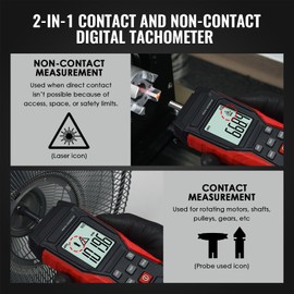 TEKCOPLUS 2-in-1 Digital Tachometer with Laser & Contact Non-Contact Laser Tach Meter 3-99,999 RPM, Backlit RPM Gauge for Cars, HVAC, Motors