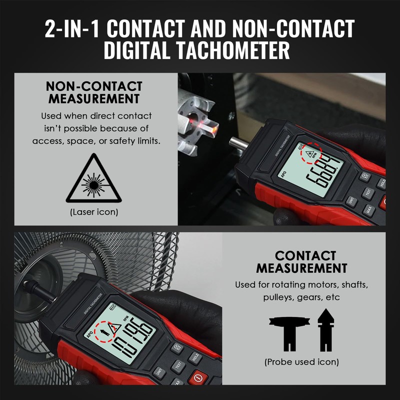 TEKCOPLUS 2-in-1 Digital Tachometer with Laser & Contact Non-Contact Laser