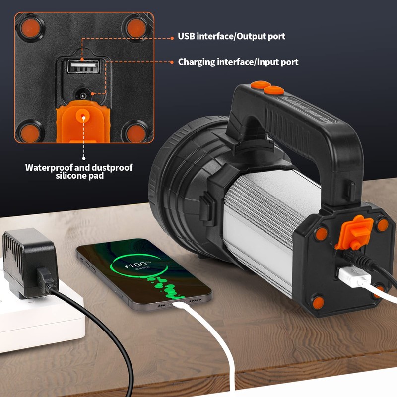 WEILAI Superbright Handheld LED Spotlight Flashlight Powerful Searchlight USB Rechargeable