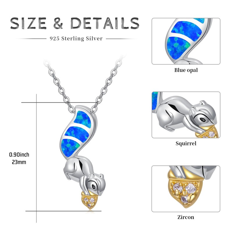 Midir&Etain Squirrel Necklace 925 Sterling Silver Blue Opal Acorn Pendant