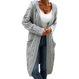 Women Hooded Open Front Cardigan Cable Knit Sweaters Solid Color Chunky Long Sweater Coats