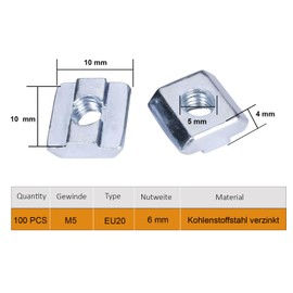 Pack of 100 T-Slot Nuts M5 Slot 6 for Aluminium Profile 20 x 20 mm Galvanised Carbon Steel