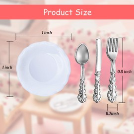 4 Pieces 1:12 Scale Miniature Plates and 12 Pieces Knives Forks Spoons Metal Tableware Dollhouse Miniatures Porcelain Plate Set Dollhouse Kitchen Accessories Dollhouse Decoration Accessories