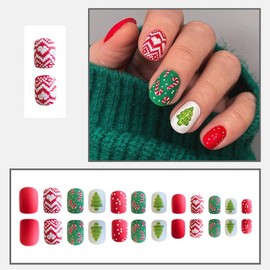 Christmas Press on Nails Square Short Fake Nails Red Green False Nails with Christmas Tree Crutch Designs Glue on Nails Xmas Acrylic Nails Press ons Full Cover Stick on Nails for Women Manicure 24Pcs