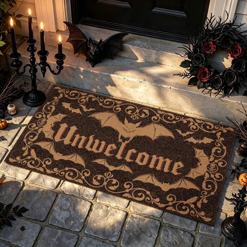Halloween Unwelcome Door Mat, Gothic Dark Bat Doormat Indoor Outdoor