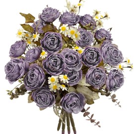 Daily Treasures Vintage Dry Flower Bouquet Set -Artificial Fake Flowers Plants Silk Flower Arrangements,Fire-Roasted Rose Bouquet with Daisies,Autumn Wedding Centerpiece Party Decorations(Purple,30CM)