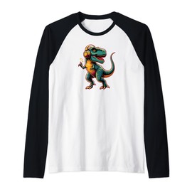 Dancing Tyrannosaurus Rex with Headphone Raglan Baseball Tee