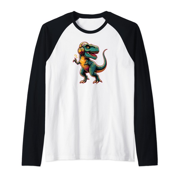Dancing Tyrannosaurus Rex with Headphone Raglan Baseball Tee