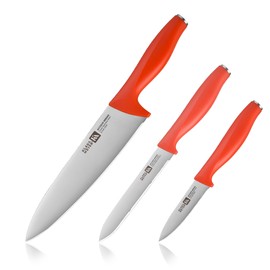 Klaus Meyer Acciaio High Carbon Stainless Steel 3 Piece Kitchen Knife Set - Chef, Paring, Utility Serrated Knife (Red)