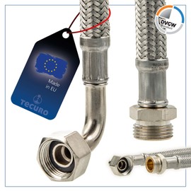 tecuro Sanitary Connection Hose 90° Bend 3/8 UWM x 3/8 Male x 150 mm, KTW-A- DVGW Tested, Temperature Resistant from -10 °C to 90 °C