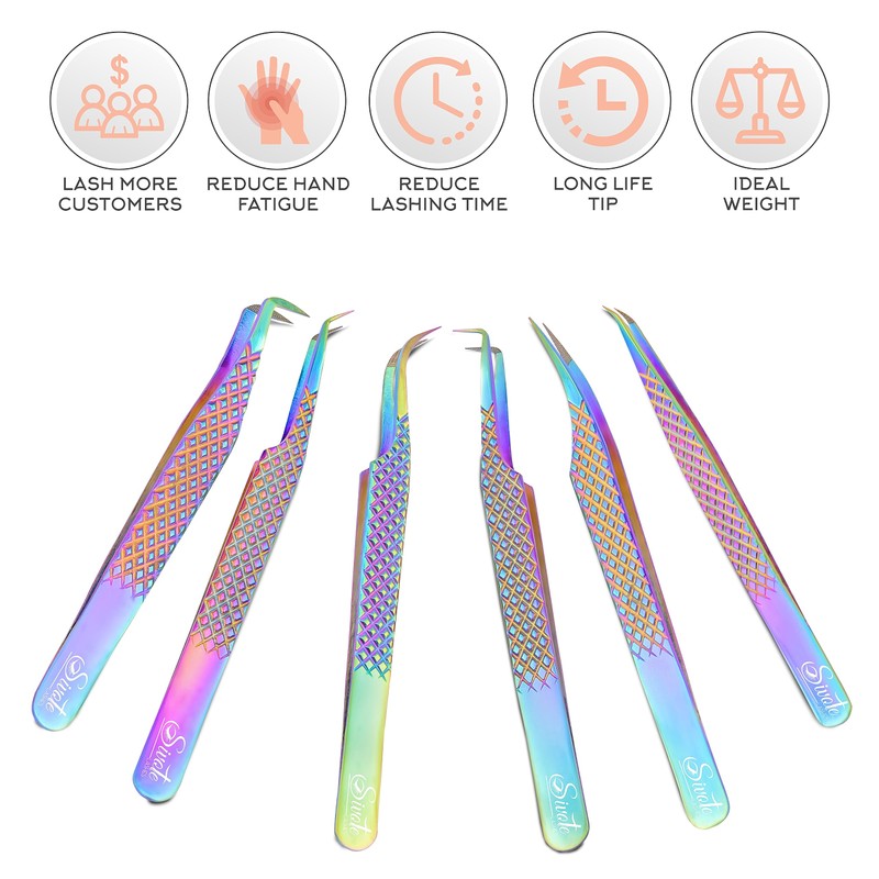 SIVOTE Eyelash Extension Tweezers Fiber Tips, Set of 6, Curved,