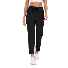 AGVNG Womens Hiking Pants Water Resistant Quick Dry Cargo Pants 4 Pockets Elastic Waist Drawstring Lightweight UPF 50+ Travel Casual Work Athletic Outdoor Black M