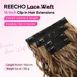 REECHO Curly Hair Extensions, 4PCS 16 inch Clip in Hair Extensions Lace Weft Short Curly Hair Extensions Clip Ins Invisible Natural Hairpieces for Women, Chocolate Brown with Highlights