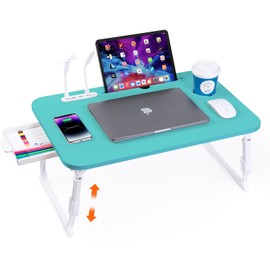 Laptop Desk for Bed, Height Adjustable Laptop Bed Table, Foldable Portable Lap Desk Stand with USB/Storage Drawer/Cup Holder/Slot, Breakfast Tray for Working Reading Writing Eating, Blue