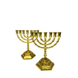 3 Arches USA 12 Tribes of Israel Menorah Gold Plated-Jerusalem 7 Branch Temple Menorah 5" Inches Tall,Set of 2