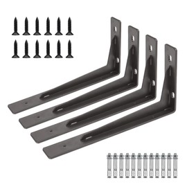 4 Pack 6 x 14 Inch Heavy Duty Shelf Brackets, Wall Shelf Brackets for Home Warehouse Garage Farm, Black Powder-Coated Steel, Metal Shelf Support with Screws
