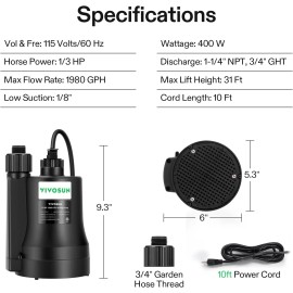 VIVOSUN 1/3HP 1/4HP 1/5HP Submersible Water Pump Utility Pump Sump w/ 10ft Cable - 1/3HP-1980 GPH