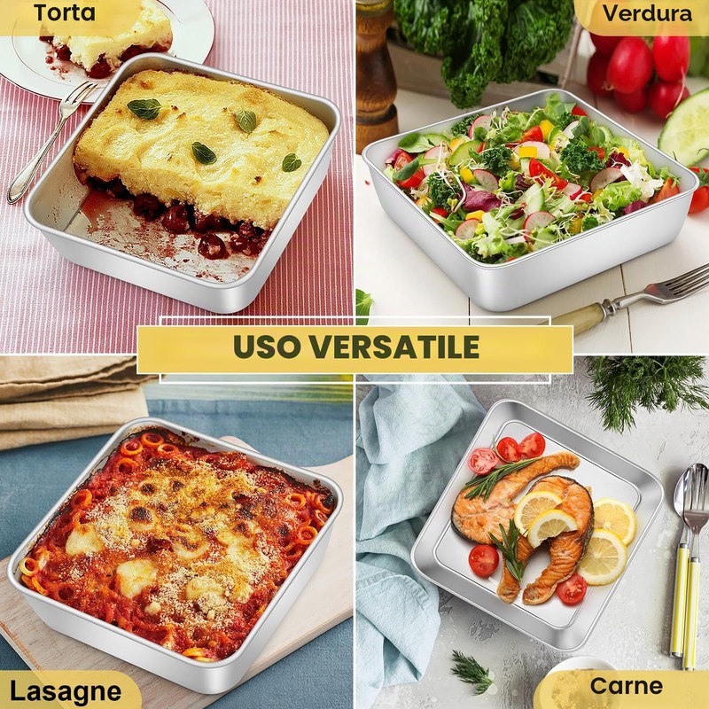 Set di 2 stampi quadrati per torte, in acciaio inox,