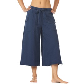 icyzone Culottes Capri Pants for Women - Elastic Waist Wide Leg Joggers Casual Lounge Cotton Sweatpants with Pockets (S, Navy)