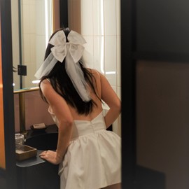 ZOOX Modern Bridal Bachelorette Veils Barrette with Chic Satin Bow (Pointed Butterfly LS), 1 count (Pack of 1), Off White