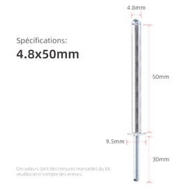 50Pcs Extra Long Pop Rivets, Extended Length, Aluminium Dome Head Steel Shank Mandrel Long-Shaft Blind Rivets (3/16"x2")