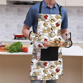 MIJOTEX 5Pcs Set Apron, Oven Mitts and Pot Holders BBQ Gloves with Printed Designs Cooking Gloves for Cooking Baking Grilling (5-Piece Set) (5, Khaki Coffee Cups)