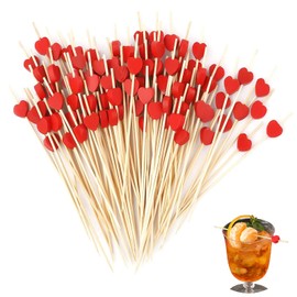 aghoer Cocktail Sticks, Red Heart Cocktail Sticks, 100 Pieces, Bamboo Toothpicks with Decoration, Suitable for Bar, Party and Party Decoration