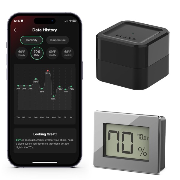 Klaro Valet - Smart Humidity & Temperature Hygrometer Sensor, App Notifications, Klaro Guided Seasoning, WiFi Bridge & Digital Display for 24/7 Remote Monitoring - Gunmetal Finish (iOS Only)
