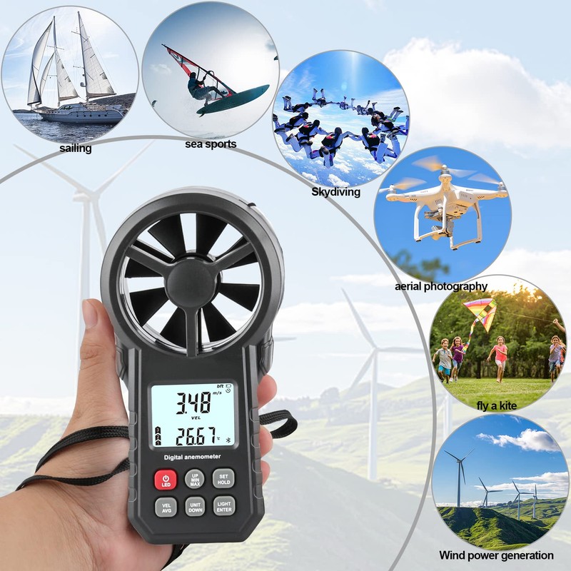 Digital Anemometer, Handheld Wind Speed Meter with Temperature/Humidity Sensor, USB