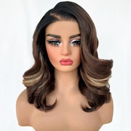 SOKU 13x6 Glueless Lace Front Wig Synthetic Hair - Blonde Skunk Stripe Body Wave 18 Inch Short Wigs for Women, Pre Plucked Pre Layered Bouncy Wavy Wig, Ready to Wear with Tiny Knots