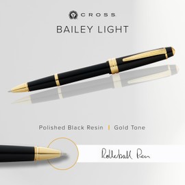 CROSS Bailey Light Rollerball Pen (Line Width F, Ink Colour: Black, Includes Gift Box) Black Lacquer with Gold Fittings