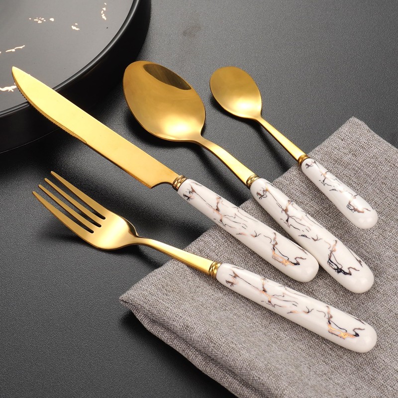 SensiSel 16 Piece Ceramic White Handles and Golden Plated Stainless