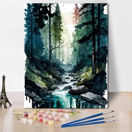 TISHIRON DIY Painting by Numbers Kits Watercolor Landscape with A River in The Forest Oil Painting for Kids Paint by Number for Adults Beginner Canvas Arts Crafts for Home Decor 16 x 20 inch