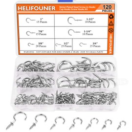 HELIFOUNER 120 Pieces 7 Sizes Cup Screw Hooks, Silver, Screw-in Hooks, Ceiling Hooks, Self-Tapping Screws Hooks, Hanging Hooks, Screw Hooks Kit (1/2", 5/8", 3/4", 7/8", 1'', 1-1/4", 1-1/2")