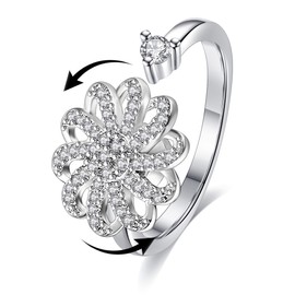 Akeoqi Fidget Anxiety Rings Rotatable Stress Relief Bead Size Adjustable Open Design Spinner Fidge Inlaid Cubic Zirconia Chrysanthemum Shape Ring Jewelry for Women Gifts