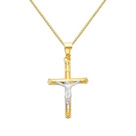 The World Jewelry Center 14k REAL Two Tone Gold Jesus Cross Religious Pendant with 0.65mm Box Link Chain Necklace - 22"