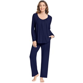 NACHILA Pajamas for Women-Viscose Made from Bamboo,Long Sleeve Sleepwear Comfy Pants Pajama Set Pleated Pjs with Pocket Navy Blue XX-Large