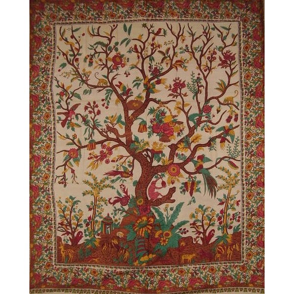 India Arts Tree of Life Tapestry Cotton Bedspread 108" x 88" Full-Queen Beige