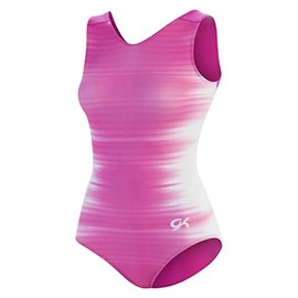 GK Girls Fierce Fade Gymnastics Leotard - Rainbow Dance Outfit with Matching Scrunchie for Toddlers, Children, & Juniors (CM, Pink - White)