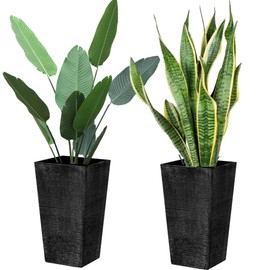 2 Pcs Pack Heavy Duty Plastic Resin 17 Inches Tall Tapered Planter Pots Large Square Planter Flower Pot with Drainage Holes for Indoor Outdoor Deck Porch Garden Home Patio Front Door (Black, S)