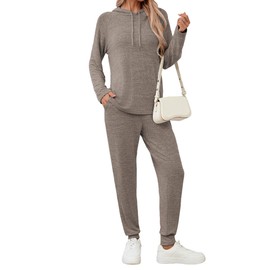 Famulily Women's Casual Workout Tracksuits Solid Color Cozy Sweatsuit Ladies Trendy Matching Sets Coffee M
